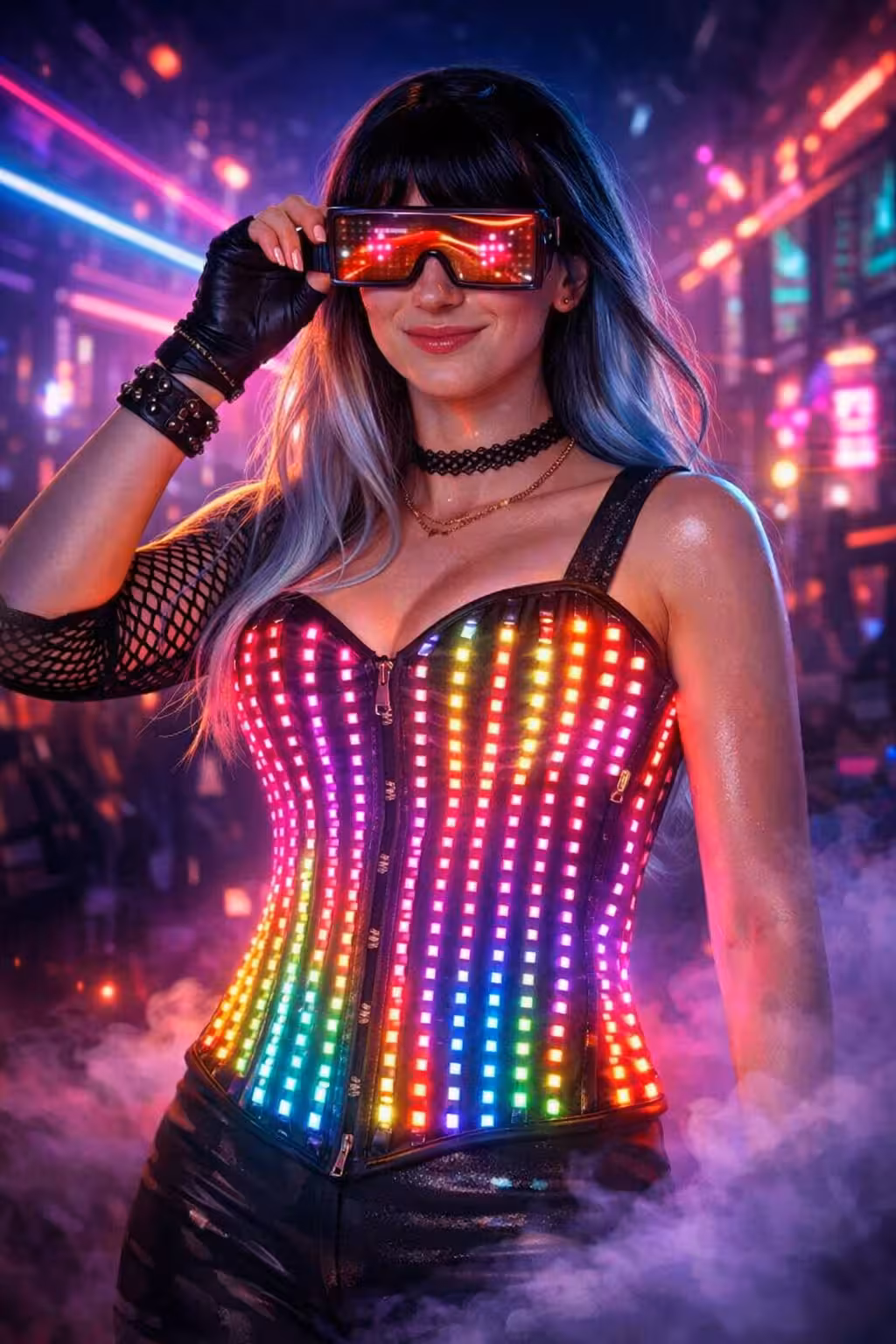 Woman wearing a sound reactive LED corset in a cyberpunk festival setting
